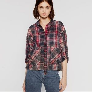 Retro Zara Raw Hem Plaid Blouse